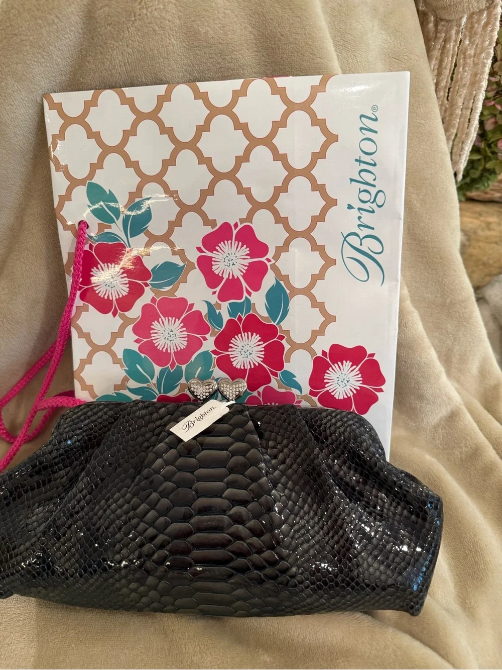 Brighton Black Faux Snakeskin Heart-Clasp Wristlet Clutch
